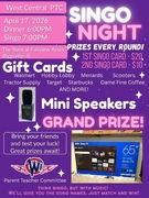 A purple, neon-themed flyer titled "Singo Night Prizes." It lists gift cards from retailers like Walmart, Target, and Starbucks, shows a "Portbox" mini speaker, and prominently features a photo of the grand prize: a boxed 65-inch Onn Roku 4K UHD Smart TV.
